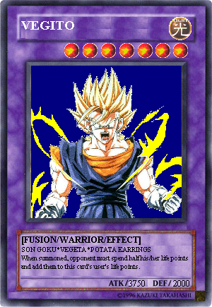 Vegito, fused from Son-Goku and Vegeta (with the Potara Earrings), as a Duel Monsters card. Appologies to
                           Akira Toriyama and Kazuki Takahashi.