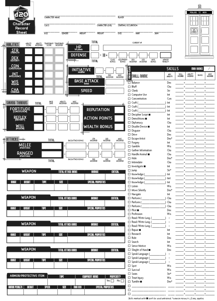 Doctor Who d20: Character Sheets: mylittlegamers — LiveJournal