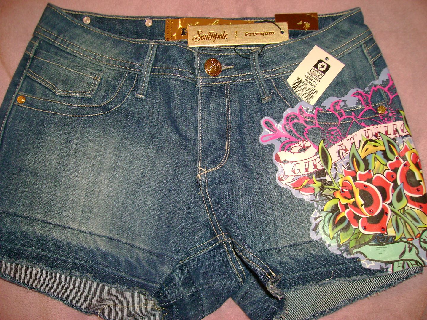 NWT SOUTH POLE RHinestone carnival art jean shorts 7  